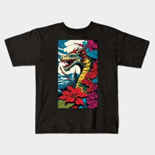 Dragon Vibrant Tropical Flower Tall Retro Vintage Digital Pop Art Portrait Kids T-Shirt